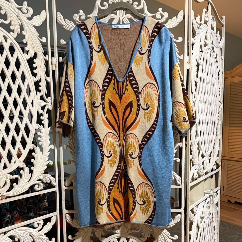 Zara Blue Tunic Dress with Mustard and Brown Retro Motif